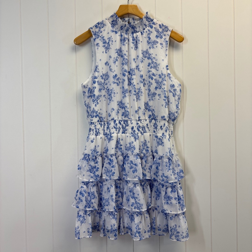 1 State Womens Cocktail Smocked Floral Ruffle Tiered Mini Dress Size L Summer